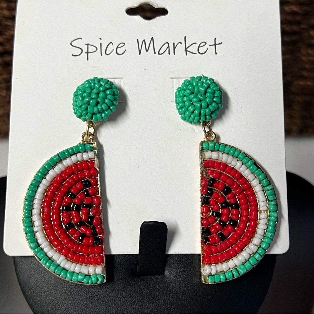 Beaded Sliced Watermelon Pierced Earrings NWOT